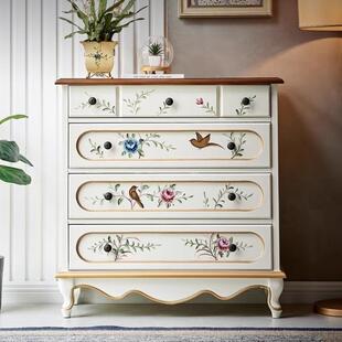 斗柜实木美式床复古客靠墙柜收纳厅柜卧室尾储五物斗1欧彩绘
