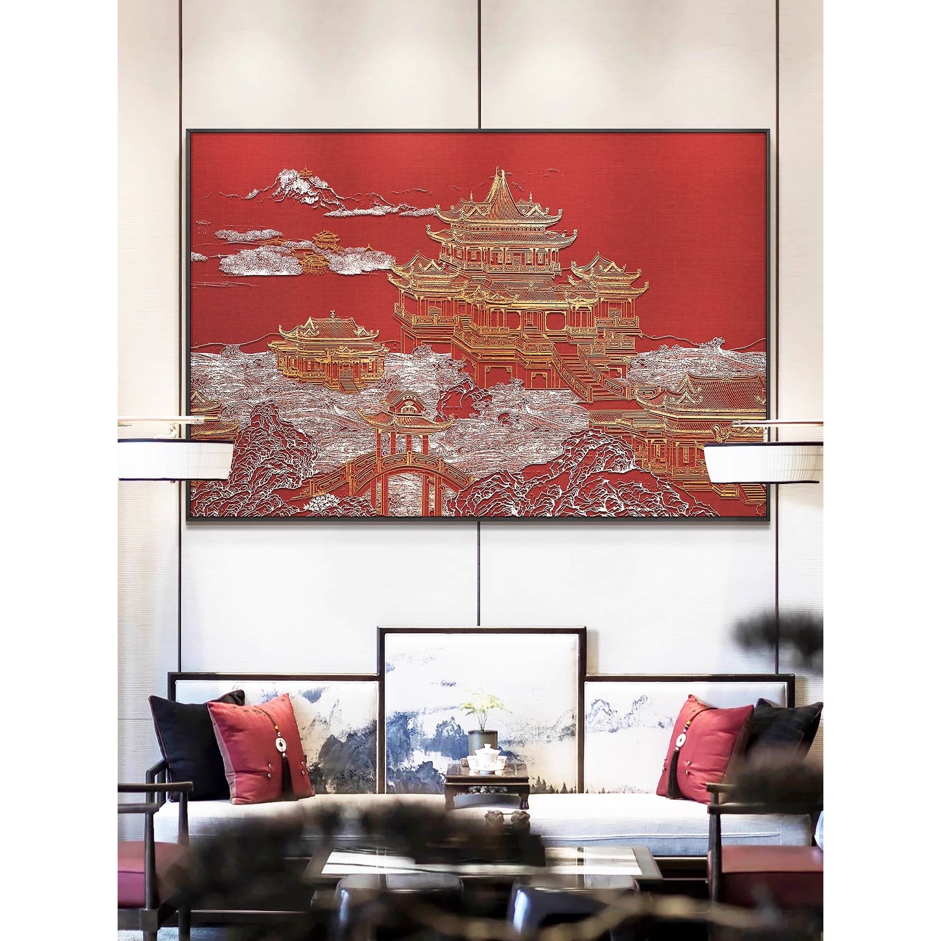 酒店餐厅高档立体挂画包间壁画客厅新中式立体浮雕阁楼大气装饰画图片