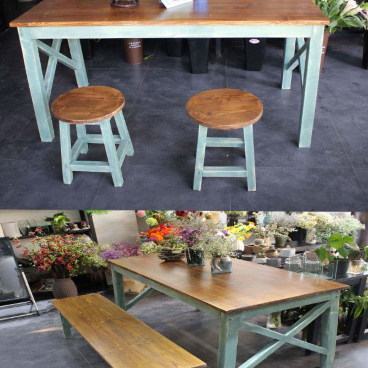 美式桌复古实木桌椅组合长方形做旧阳台桌花店桌子工作台快餐新款
