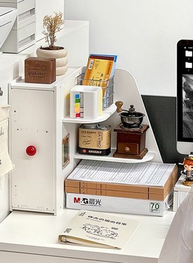 书桌边收纳架角落收n纳柜拉出文件绿色植物水杯架咖啡茶包收纳盒