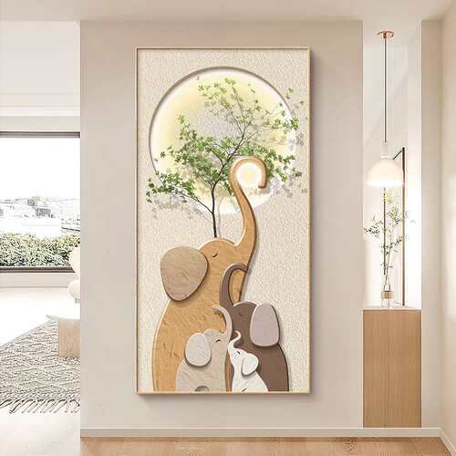 现代简约入户玄关装饰画奶油风大象走廊过道挂画绿植竖版进门壁画