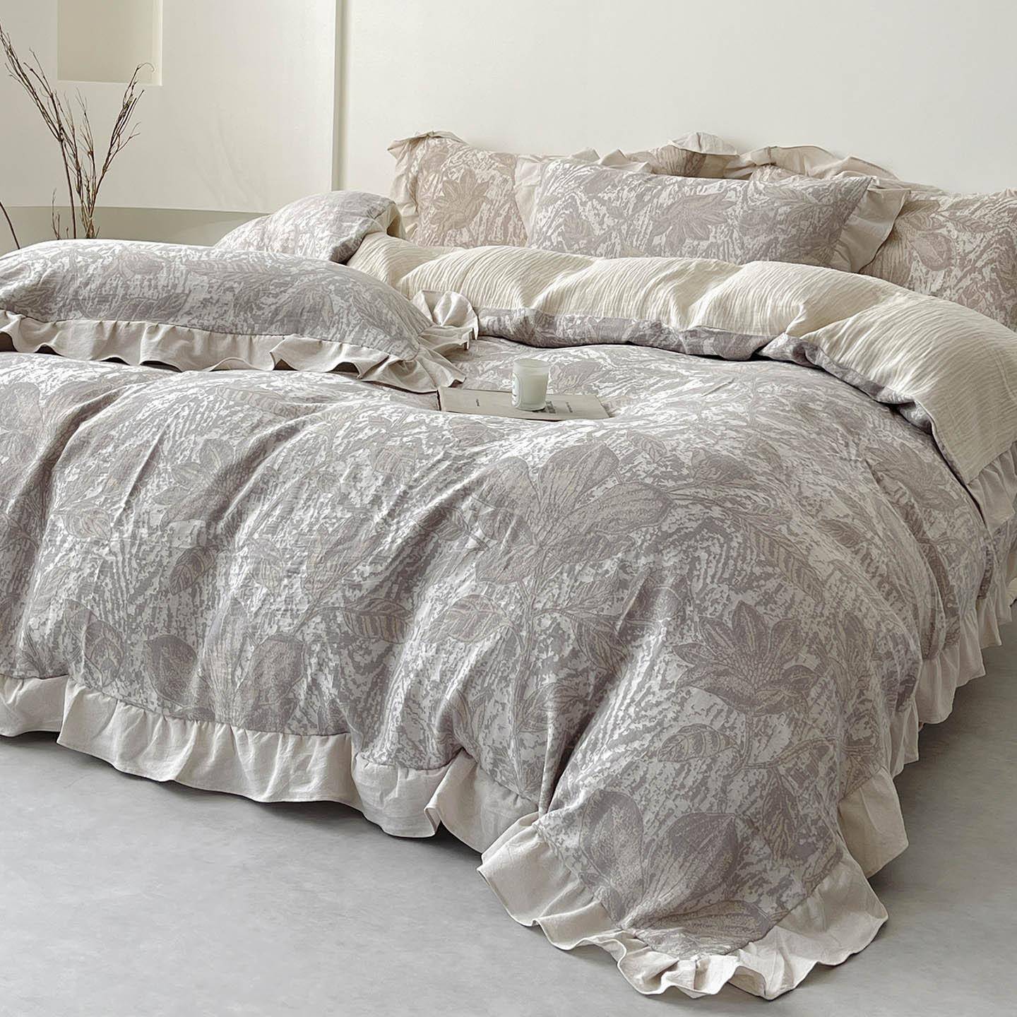 法式提花棉麻四件套纯棉全棉复古风花边素色亚麻高端超柔透气高档