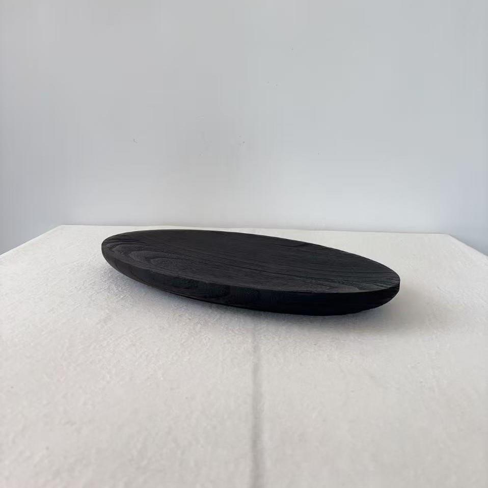 复古黑色泡桐木层叠托盘桌面摆件椭圆形木质托盘