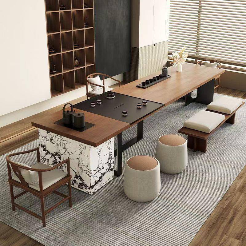 现代中式简约实木岛台桌椅茶台组合家用客厅办公室大板新款高级