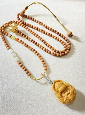 天然檀木雕刻无i相佛搭配老山檀珠链原创款吊坠毛衣链女款文玩