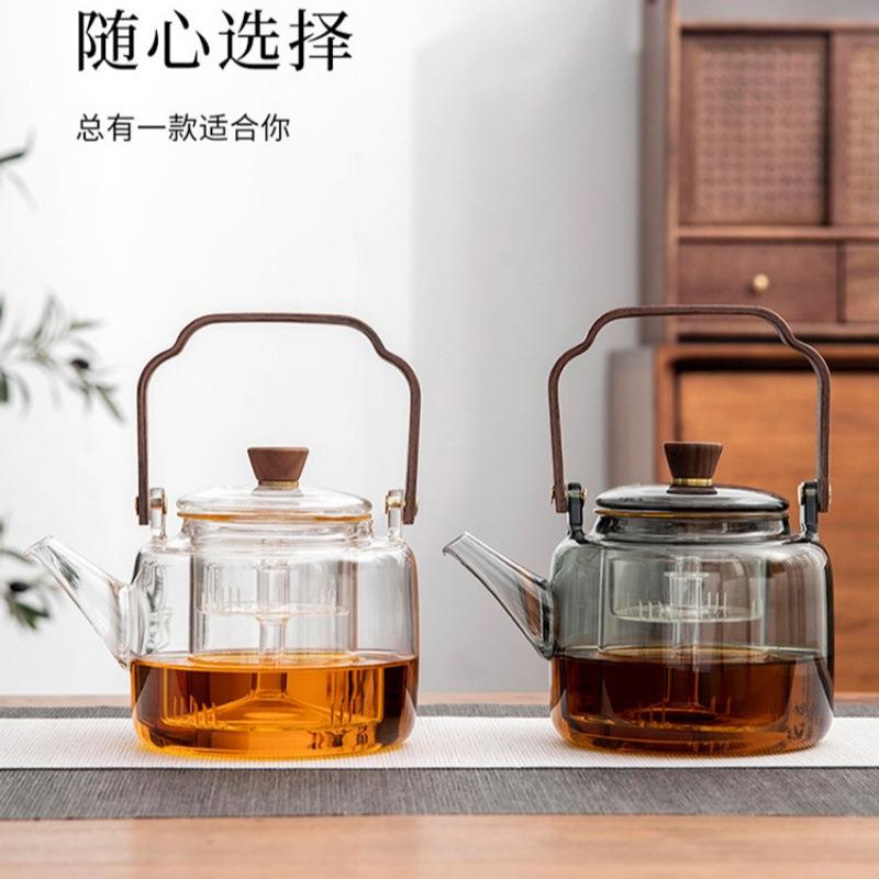 厂家茶具套装 高硼硅玻璃蒸煮一体内胆木把提梁壶 耐高温