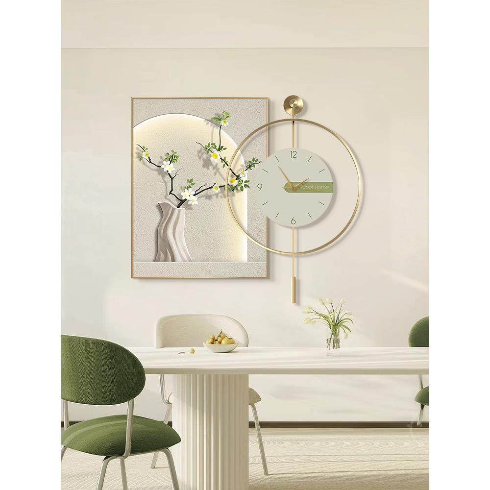 餐厅装饰画现代简约绿植饭厅挂画创意立体感餐点餐区钟表组合壁画