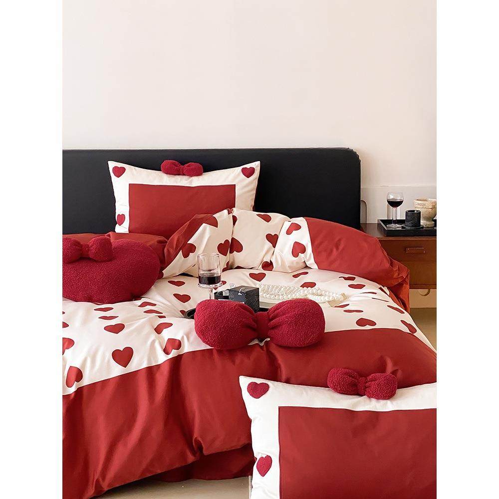 高档100支长绒棉丨小清新结婚庆四件套新婚嫁红色床单被套床品