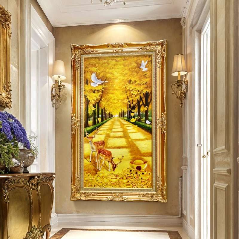 玄关装饰画欧式走廊墙画挂画欧式黄金大道鹿过道壁画大芬油画图片
