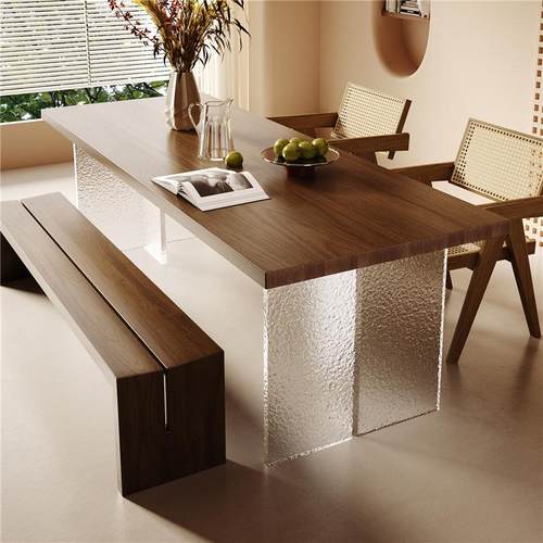 中古风实木亚克力悬浮书桌餐桌两用白蜡木客厅长条桌儿童大板桌子