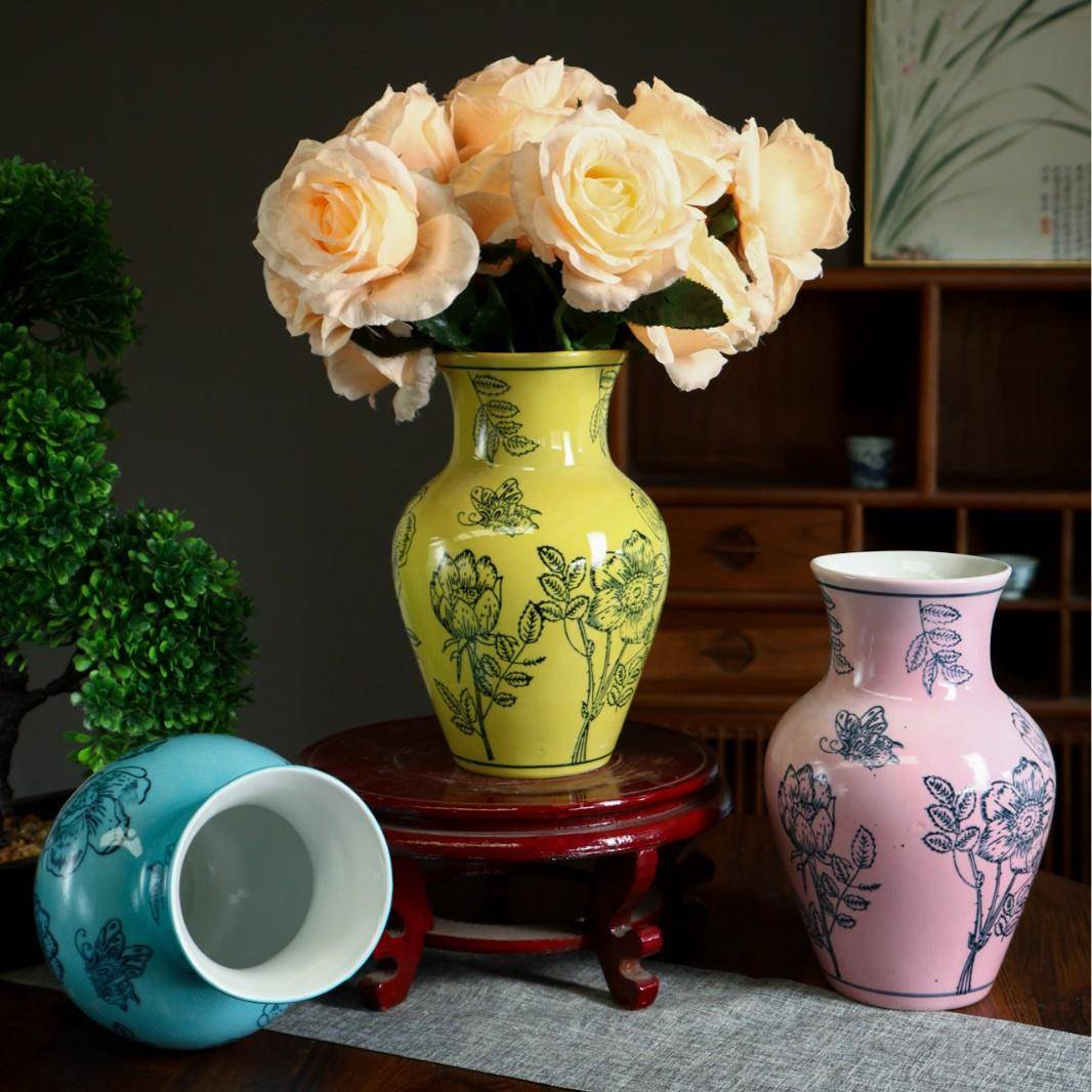 新中式彩绘青花瓷花瓶陶瓷装饰品摆件客厅电视柜玄关插花创意花器