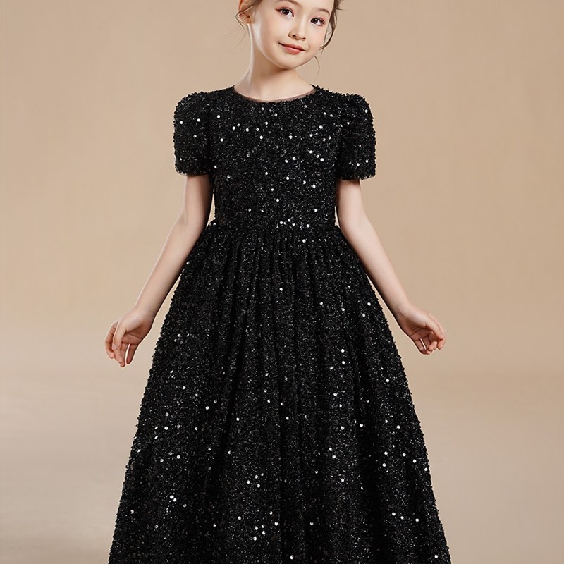 女儿童晚礼服小提琴演奏表演钢琴考级比赛高级P亮片长裙黑色公主