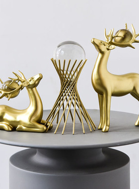 轻奢创意大理石纹l树脂工艺品客厅电视柜书房动物摆设金色麋鹿摆