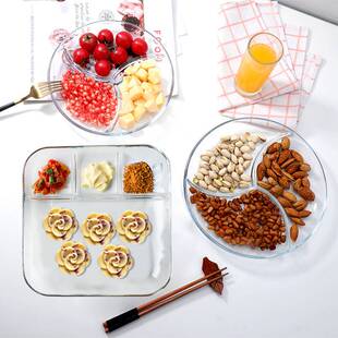 家用配菜盘早餐餐具钢化玻璃三分格餐盘子儿童水果盘子三格分餐盘