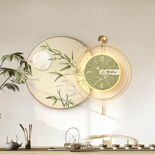 竹子餐厅装饰画新中式高档餐桌钟表挂画挂钟壁画2025新款时钟茶室