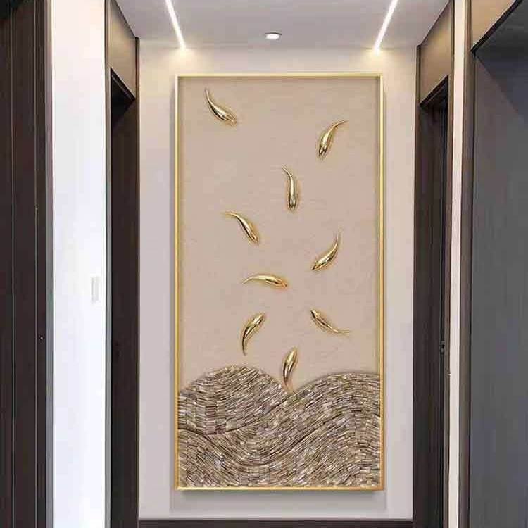 手绘九鱼图轻奢玄关装饰画寓意年年有余简约客厅立体画竖版入户走图片