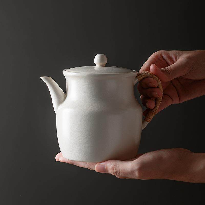 陶瓷侧把壶竹编手把开片釉手工粗陶可加热电陶炉煮茶器泡茶壶