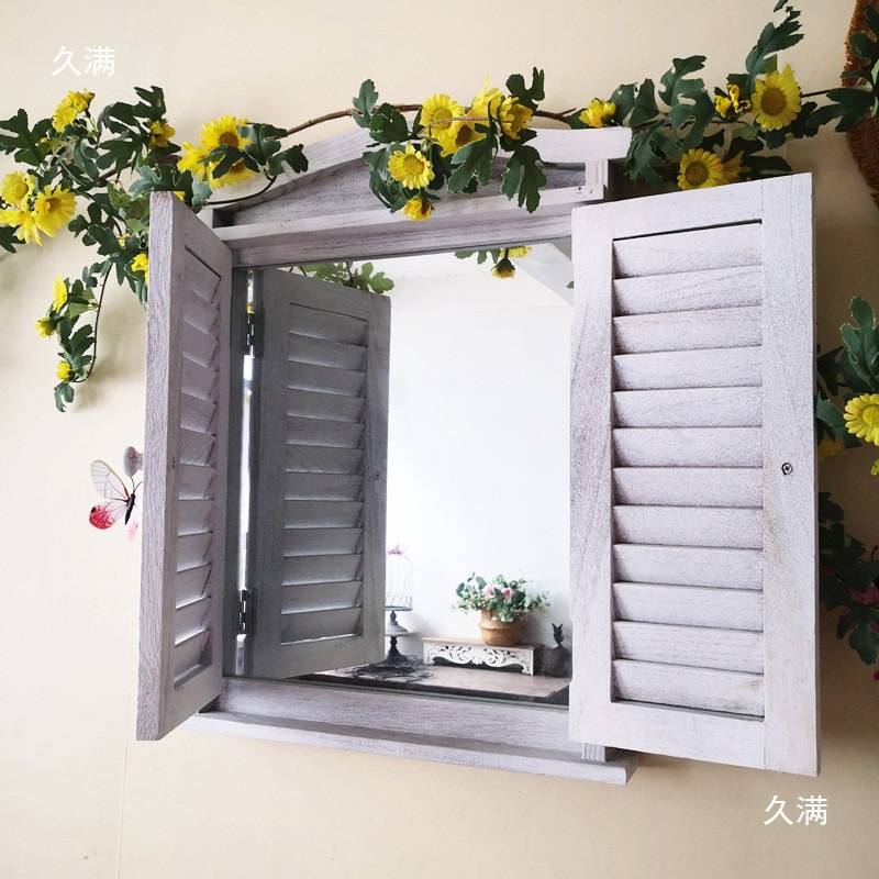法式木制假窗户装饰镜子窗框实木电表箱遮挡花园阳台墙面挂件