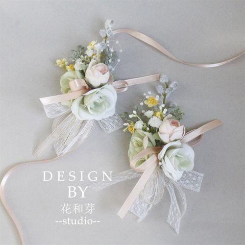 原创手工 清新浅绿玫瑰森系叶子手花胸花N新娘伴娘姐妹团手腕花