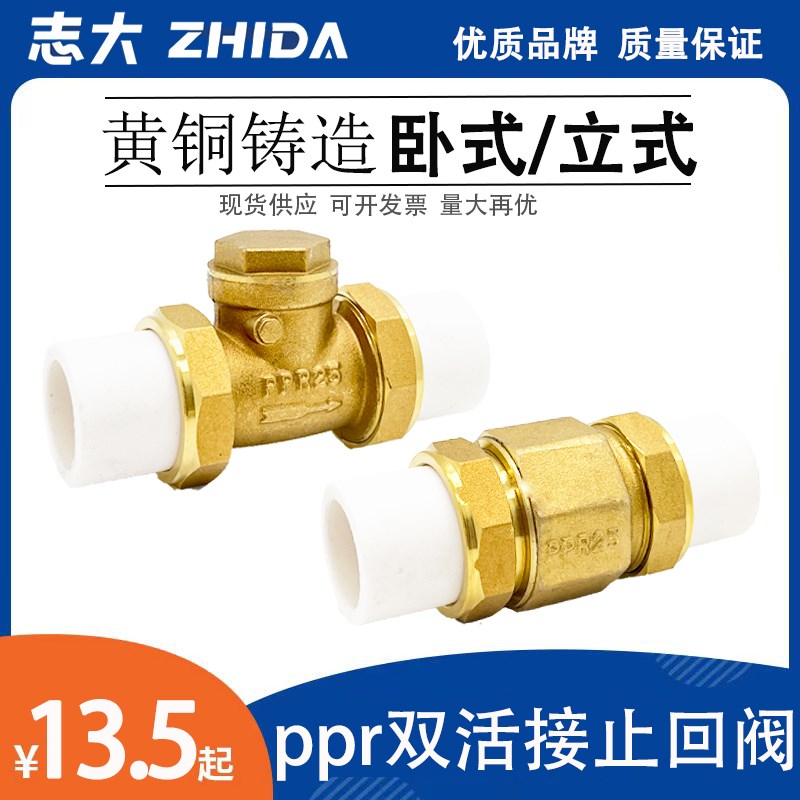 铜止回阀PPR铜卧立式双活接单v向阀逆止自来水管表4/6分DN20/25/3