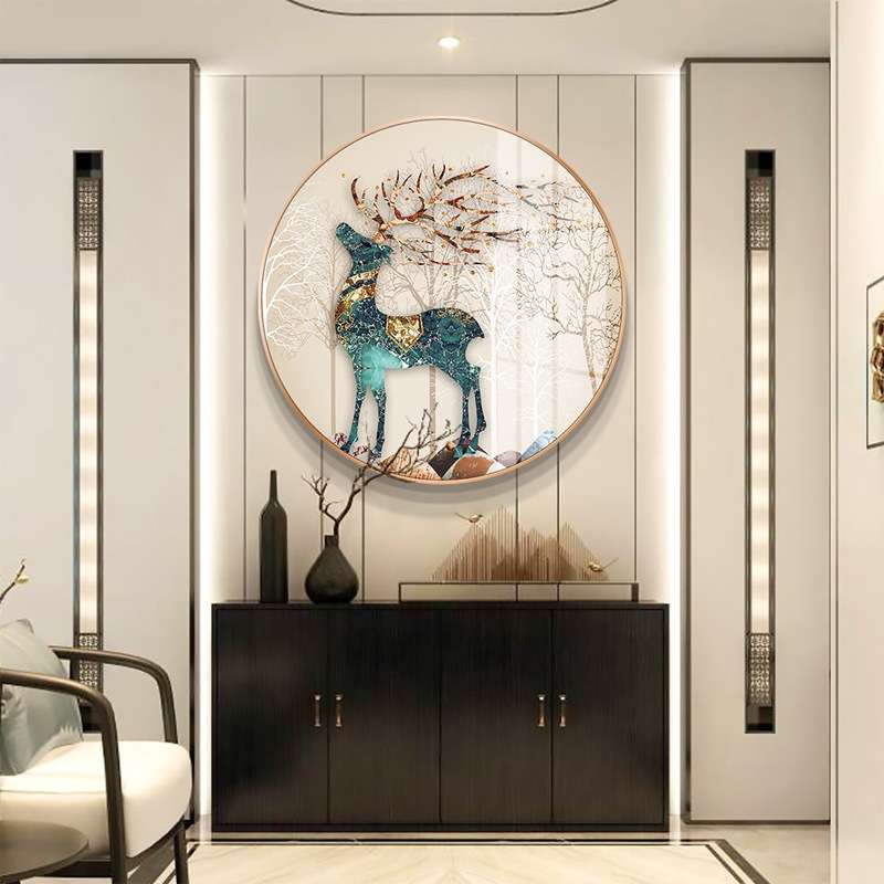 新中式晶瓷装饰画圆形玄关走廊客厅餐厅麋鹿沙发背景挂画墙画壁画图片