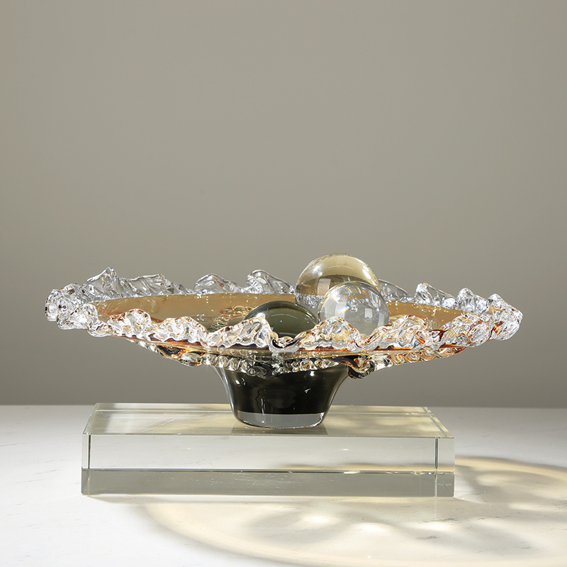 琥珀色琉璃花边果盘摆件现代轻奢客D厅酒店售楼处样板房茶几收纳