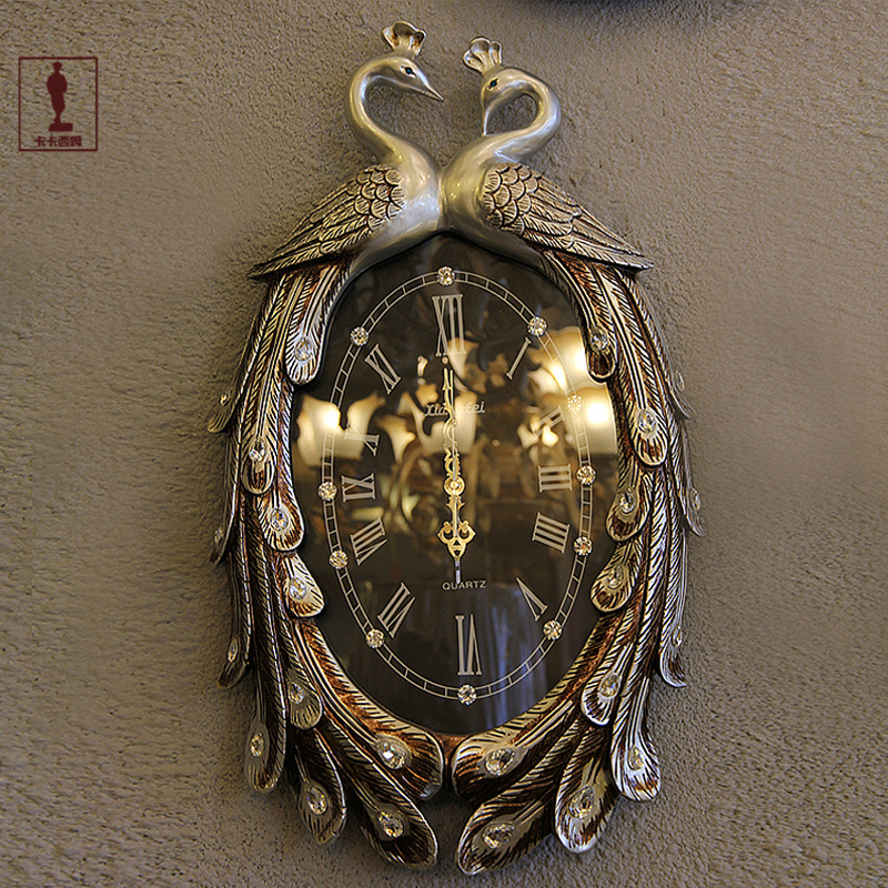 现代简约新中式h客厅孔雀挂钟 家用艺术挂表石英钟 卧室超静音钟