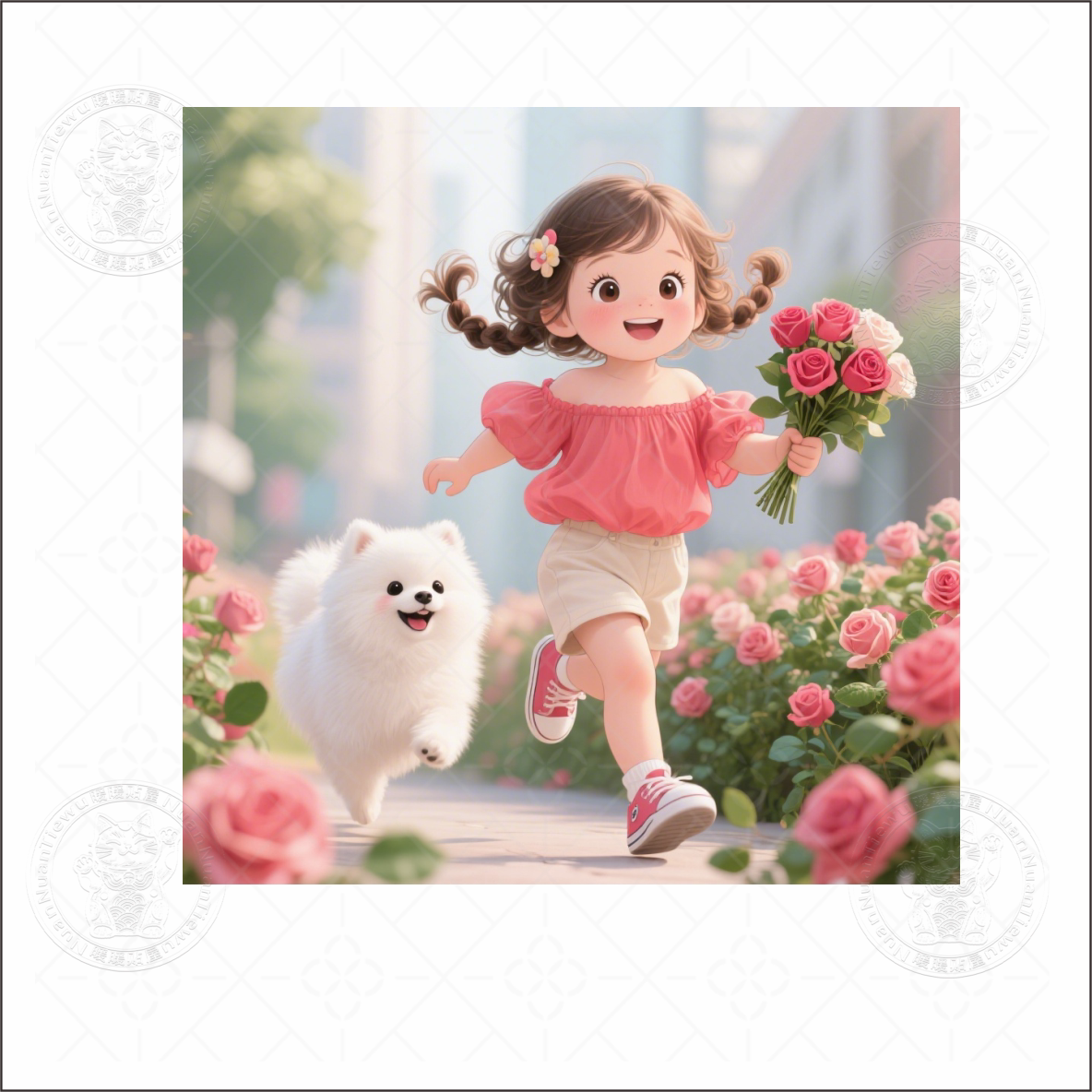 可爱卡通小女孩小狗玫瑰花墙贴儿童房间门墙面冰箱装饰自粘贴纸