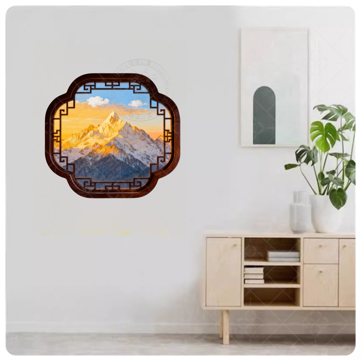 新中式山水风景墙贴客厅卧室装饰贴纸防水中国风窗花墙洞划痕贴画