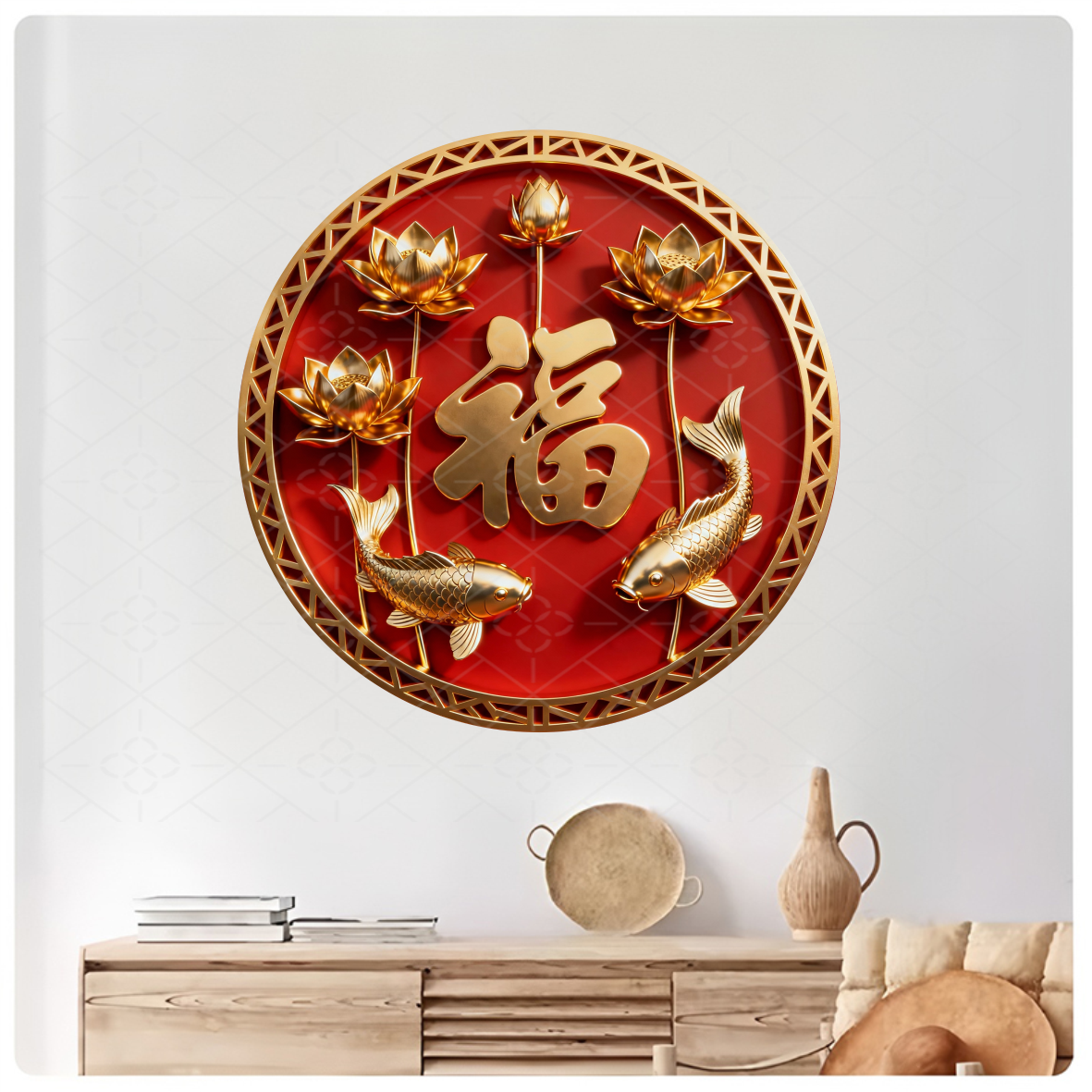 中式荷花锦鲤3D立体感福字贴画