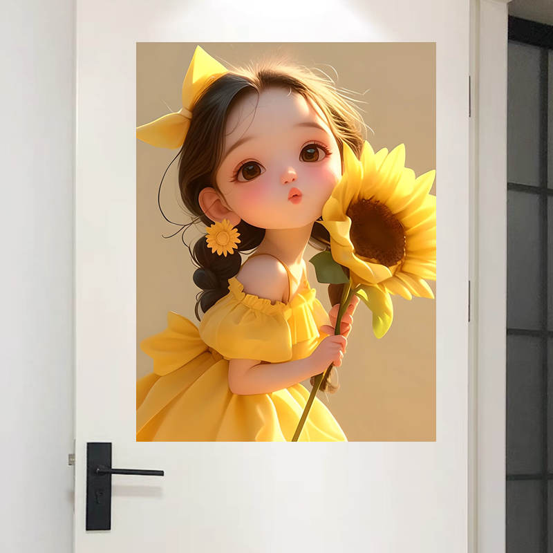可爱向日葵小女孩卧室床头自贴画