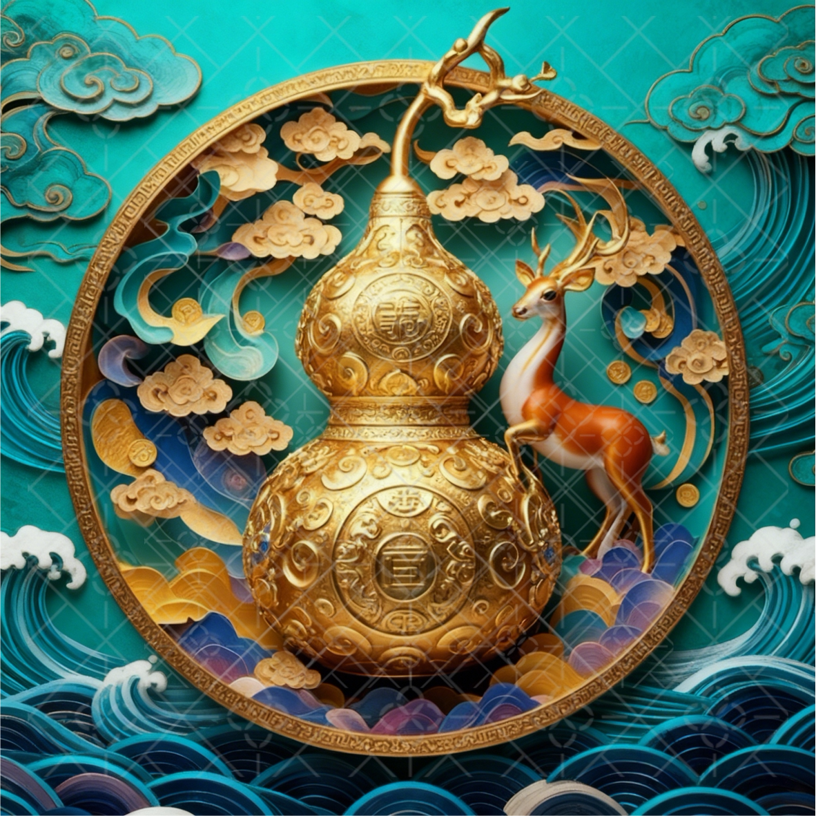 中式葫芦墙贴金色立体装饰贴画