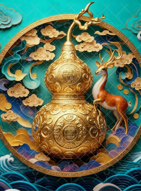 中式葫芦墙贴金色立体装饰贴画