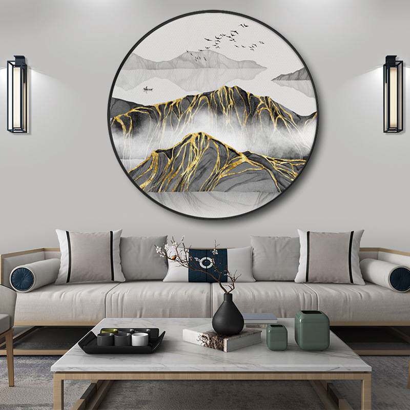 山川沧海新中式玄关装饰画轻奢抽象山水圆形挂画风水招财进门壁画
