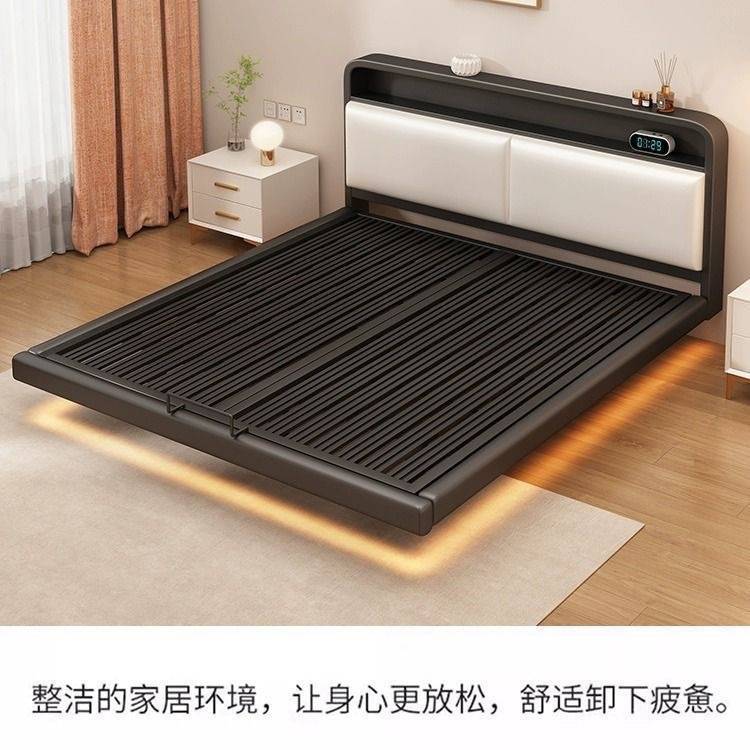 悬浮床简约现代软包床头极简铁艺卧室双人床榻榻米悬空床网红大床