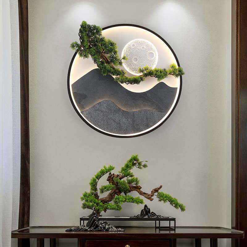 新中式入户玄关壁画灯超薄岩板楼梯沙发背景茶室立体山水装饰壁灯