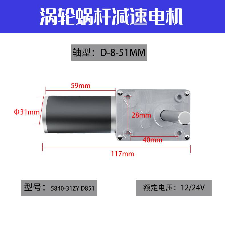 5840-31ZY直流减速电机涡轮蜗杆24V自锁力强51MM长轴电动机12V