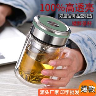 玻璃水杯高级感家用高硼硅玻璃杯双层带盖矮胖透明韩式杯子男生款