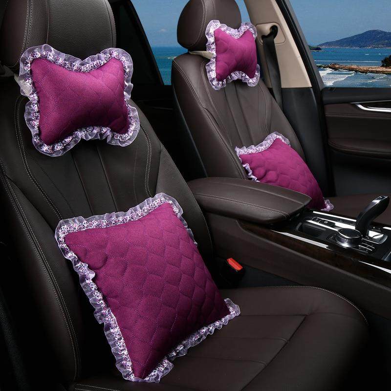 汽车抱枕腰靠头枕四件套棉布亚麻四季通用透气座椅靠背垫套装