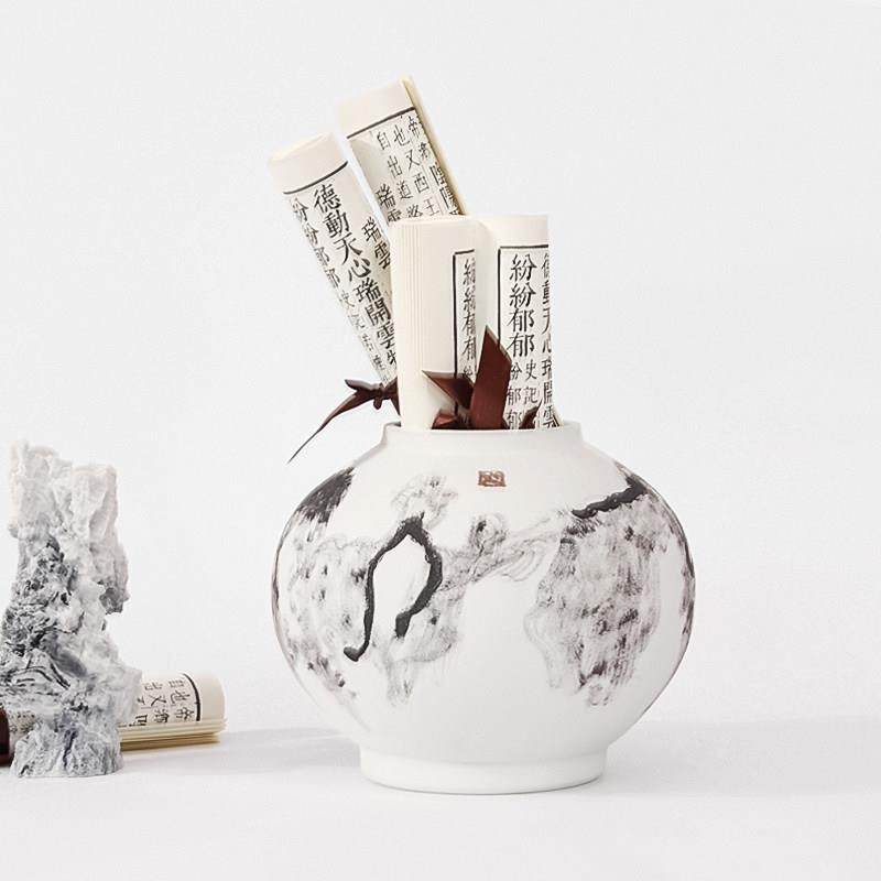 中式古典水墨陶瓷储物罐卷轴组合摆件样板间书房书柜茶室软装饰品