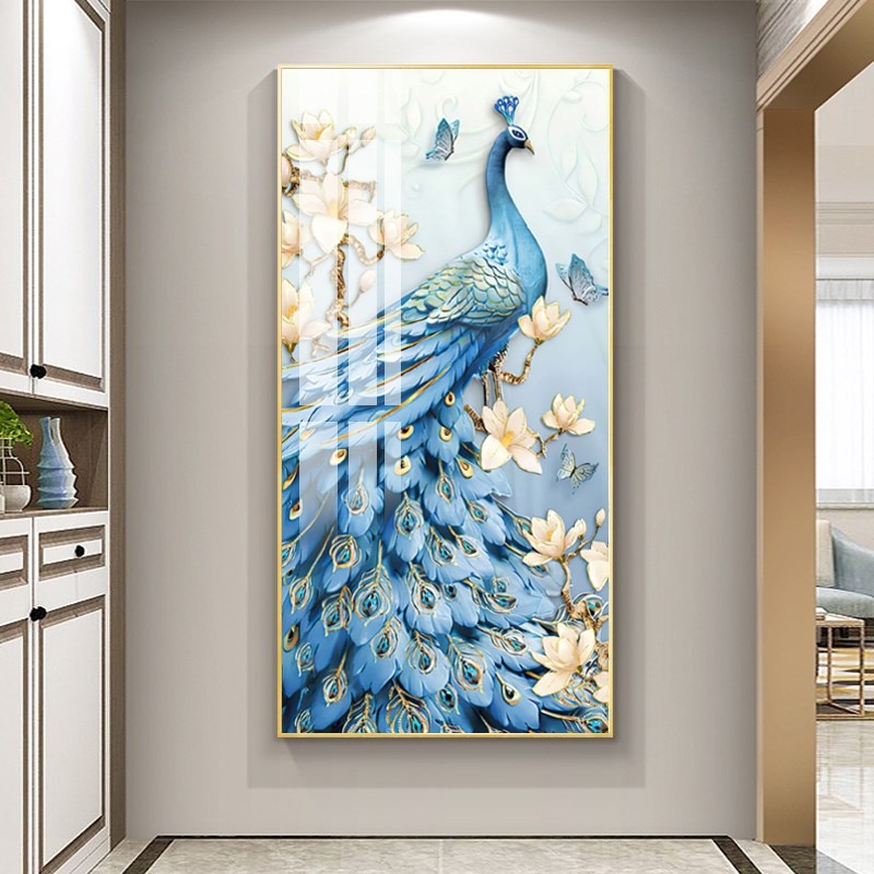 网红晶瓷a画金孔雀新中式玄关装饰画竖版壁画镶钻过道挂画走廊客图片