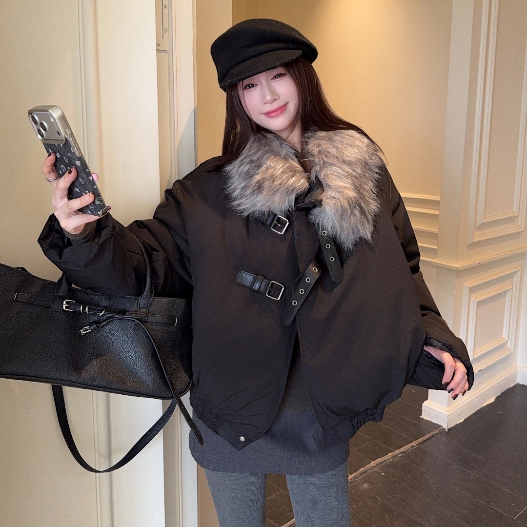 实拍实价 毛领夹克棉服冬季短款加厚座山雕外套解构设计感情侣棉