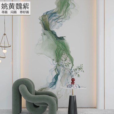 入户迎门墙壁纸新款复式楼挑高背景墙中式极简Q线条绿色展厅壁布