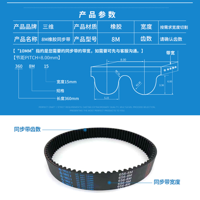 橡胶同步带HTD8M-2880/3048圆弧齿型360/381齿传动工业皮带