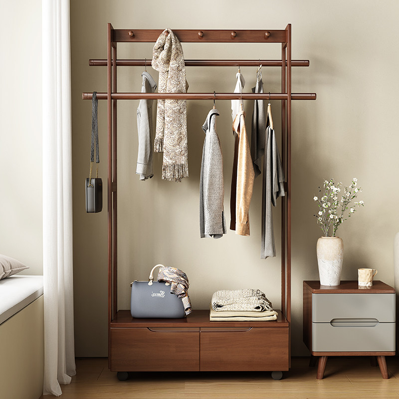 全实木挂衣架落地卧室多功能带抽屉衣帽架客厅新中式置物架可移动