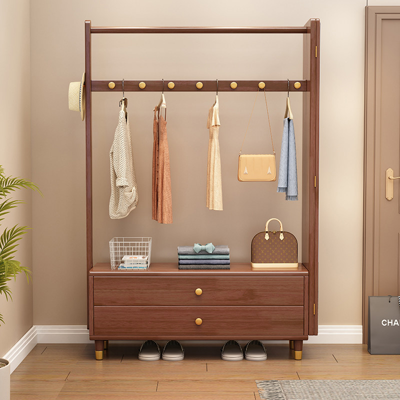 挂衣架穿衣镜一体落地卧室实木衣帽架带镜子抽屉可坐全身镜收纳架