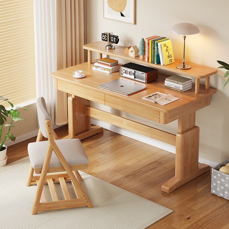 实木书桌带书架儿童学习桌可升降家用卧室中小学生写字桌子原木风