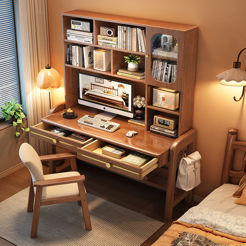 实木书桌书架一体桌学生升降书桌家用卧室办公桌现代简约电脑桌