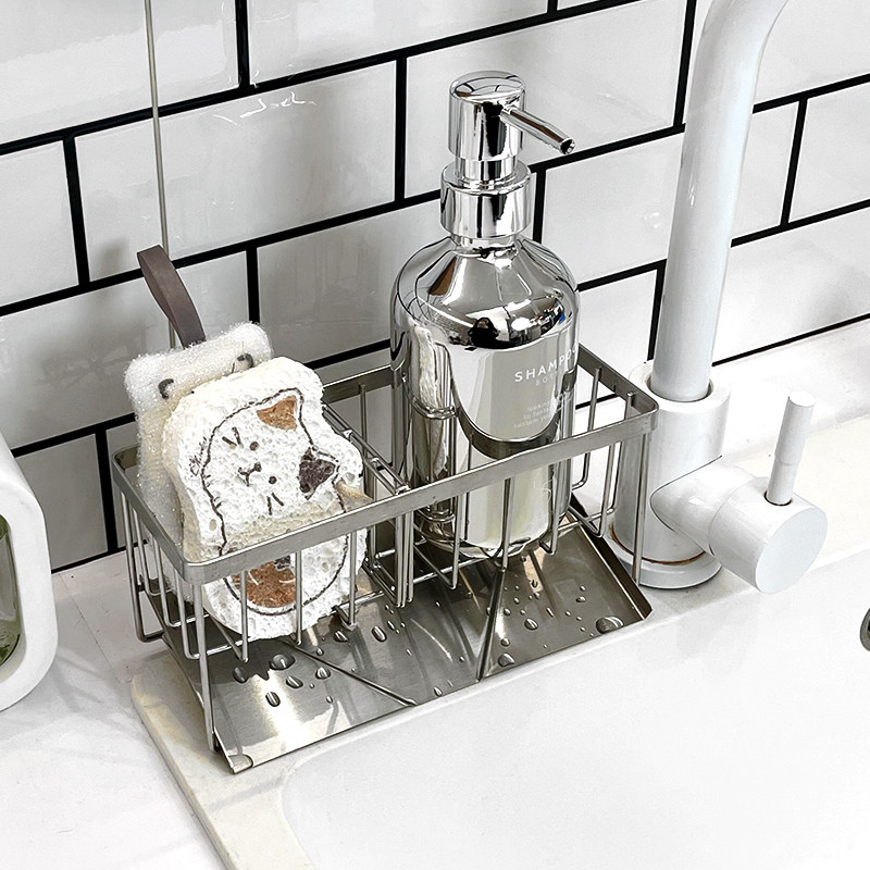 日式厨房304不锈钢置物架抹布海绵水导流板沥水架洗洁精收纳层架
