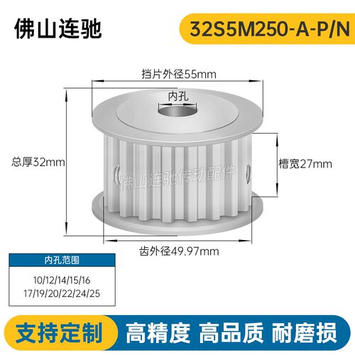 S5M32齿 两面平同步轮 槽宽27 AF型 同步皮带轮齿轮铝32S5M250-A